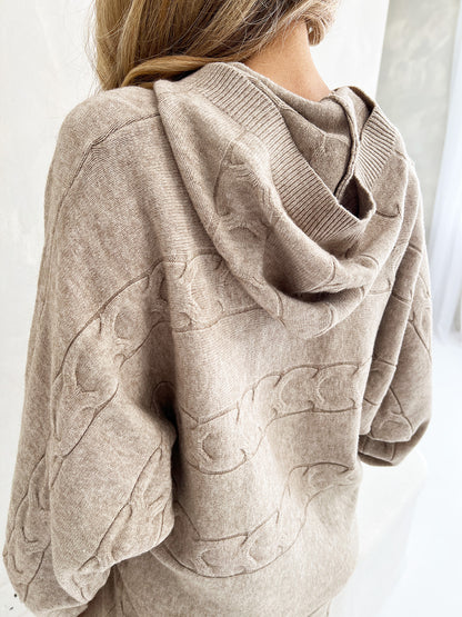 KNITTED HOODED TOP AND WIDE LEG LOUNGE SET IN BEIGE - Angeleene