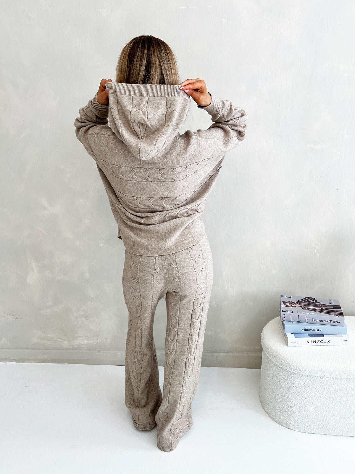 KNITTED HOODED TOP AND WIDE LEG LOUNGE SET IN BEIGE - Angeleene