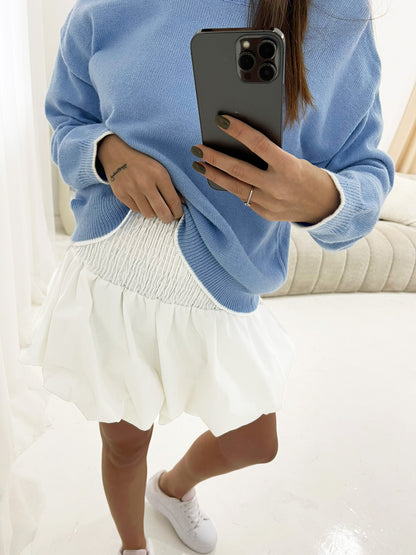 WHITE SHIRRED HIGH WAIST BUBBLE SKIRT - Angeleene