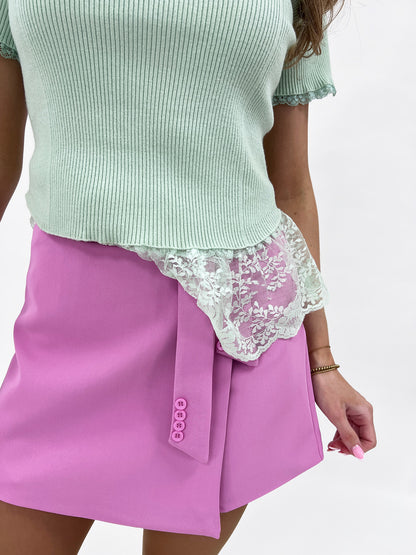 PINK TAILORED SKORT WITH DETAILED BUTTONED BELT - Angeleene