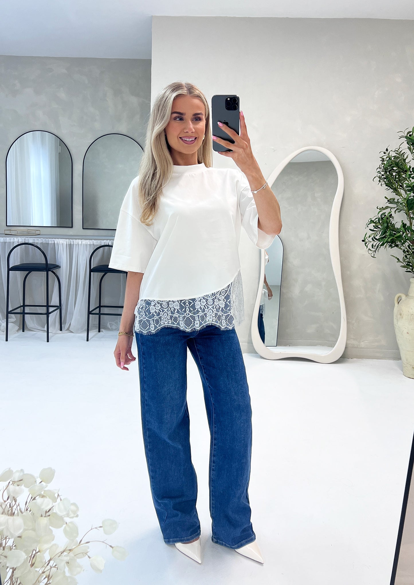 WHITE ASYMMETRICAL LACE TRIM COTTON TOP - Angeleene