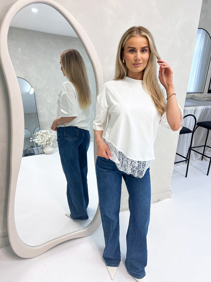 WHITE ASYMMETRICAL LACE TRIM COTTON TOP - Angeleene