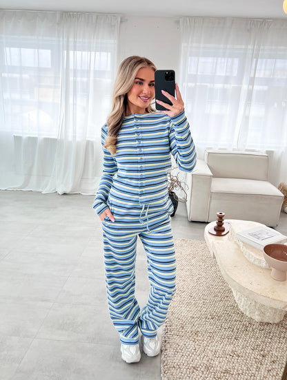 BLUE STRIPE TOP AND TROUSER LOUNGEWEAR SET - Angeleene