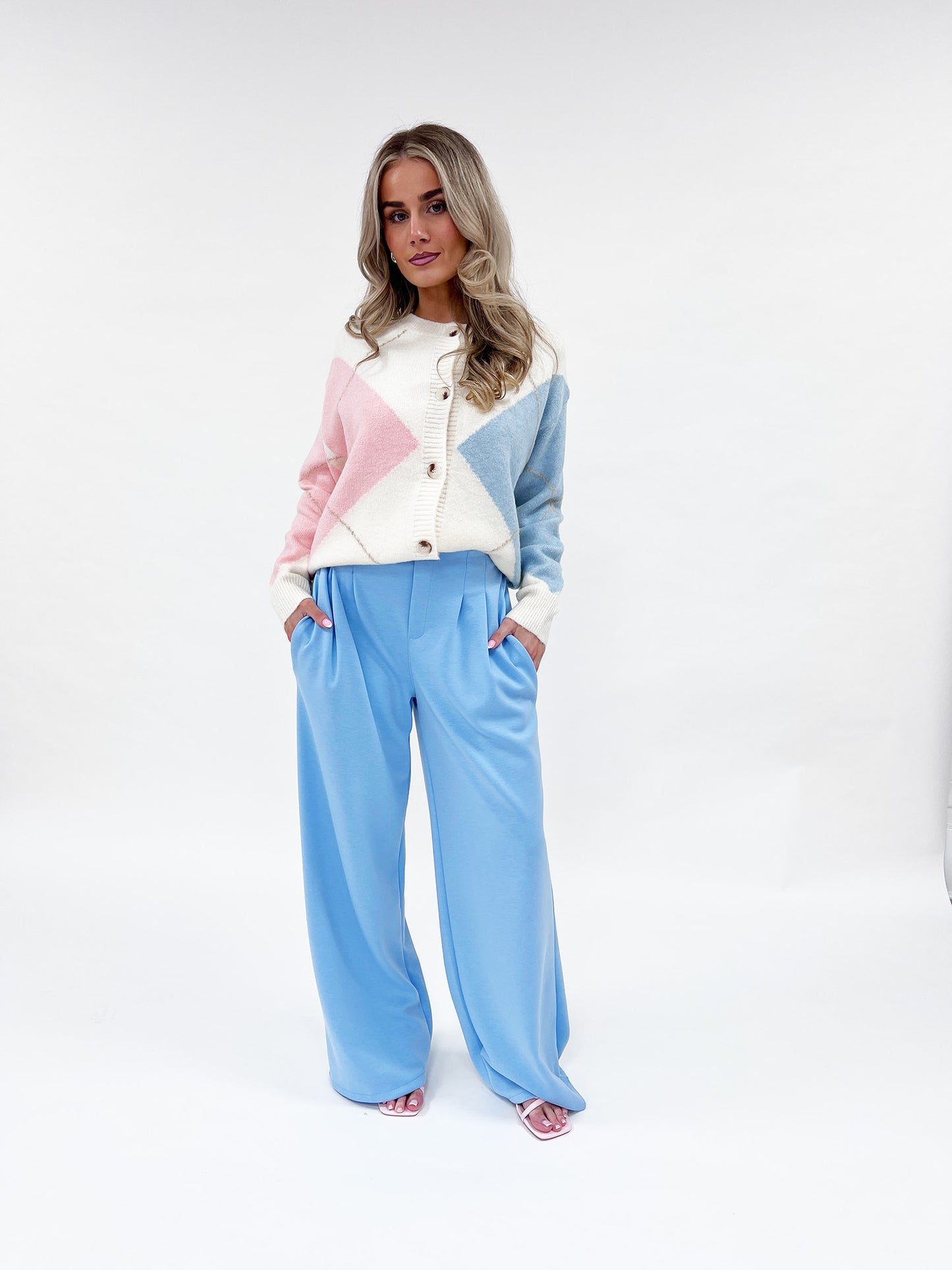 BLUE HIGH WAISTED WIDE LEG TROUSERS - Angeleene