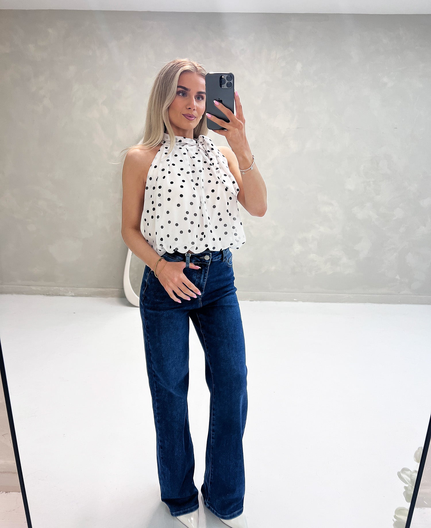 WHITE POLKA DOT TIE NECK TOP - Angeleene