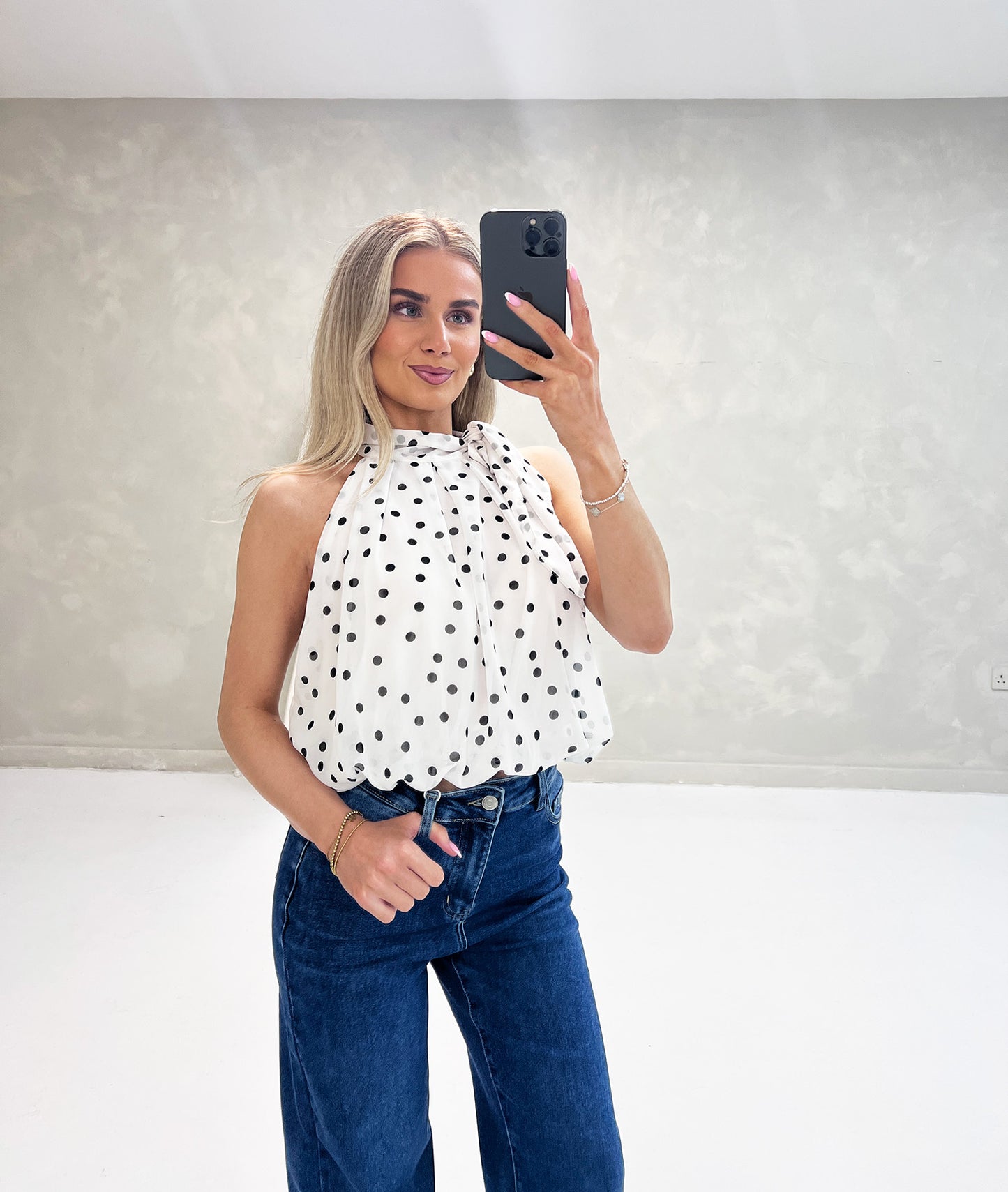 WHITE POLKA DOT TIE NECK TOP - Angeleene