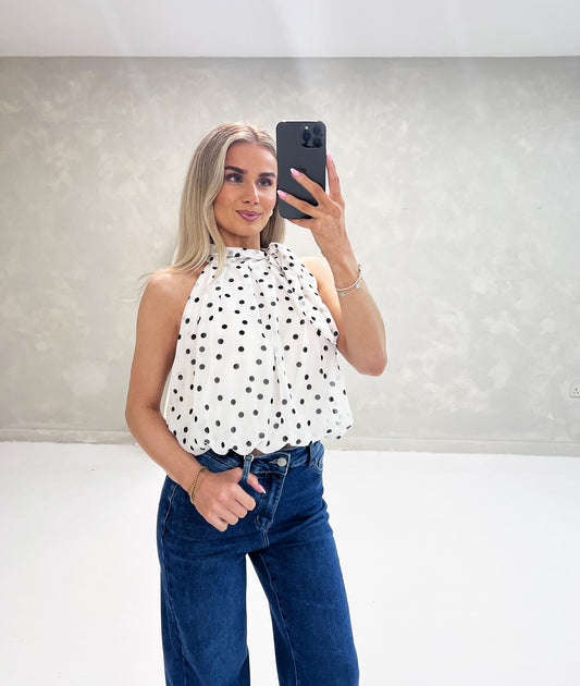 WHITE POLKA DOT TIE NECK TOP - Angeleene