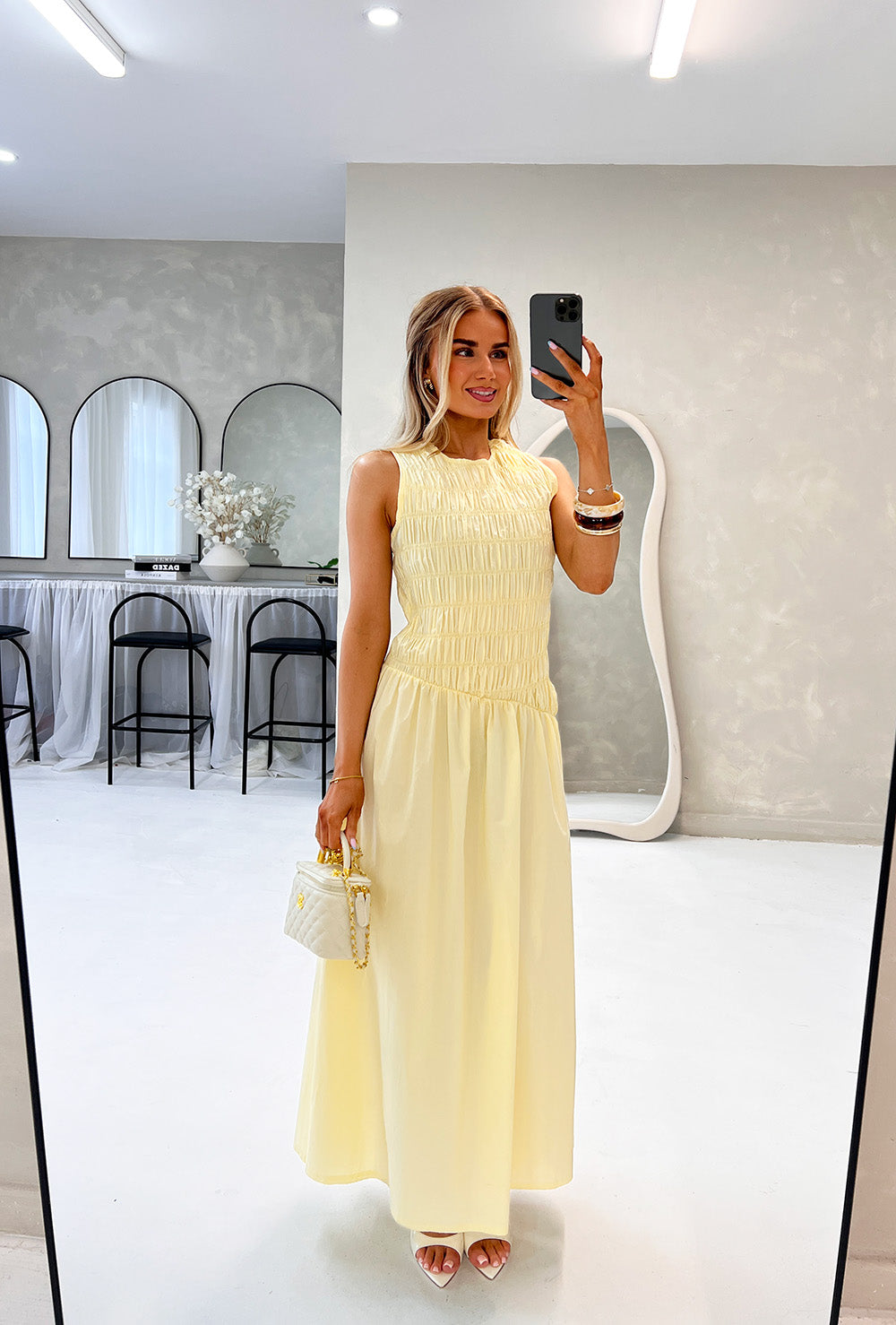SHIRRED SLEEVELESS MAXI DRESS IN YELLOW