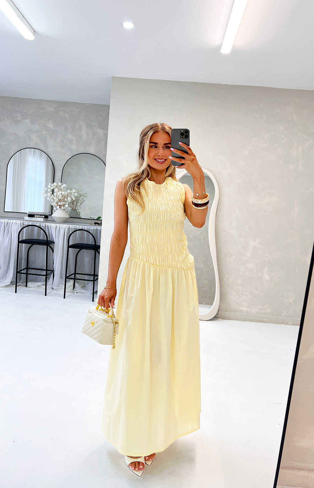 SHIRRED SLEEVELESS MAXI DRESS IN YELLOW